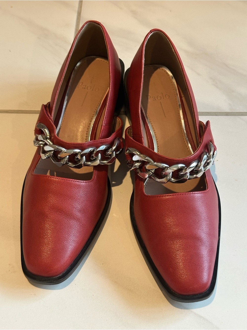 Paolo Red Chain-Trim Leather Flats Silver Chain Strap Square Toe Size 9.5
